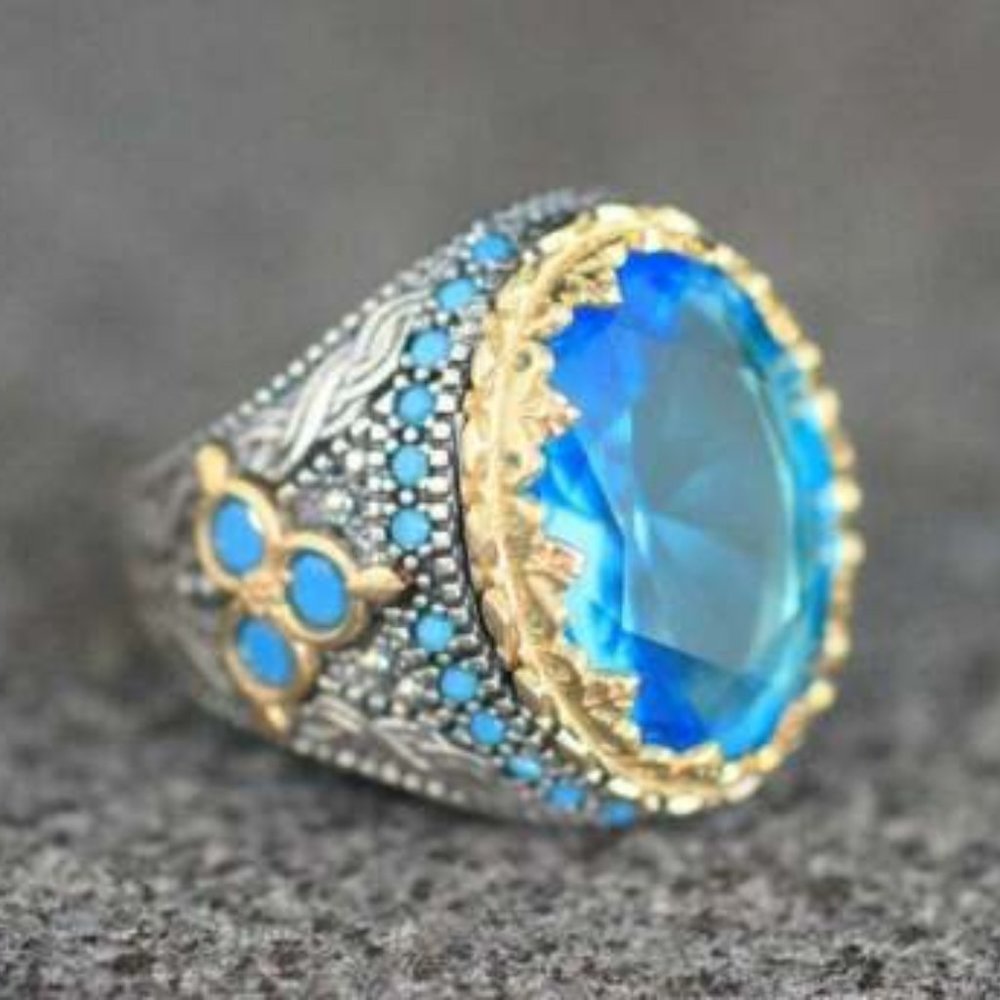 Gorgeous Men's Huge Aquamarine 925 Silver Ring - Picture 1 of 10